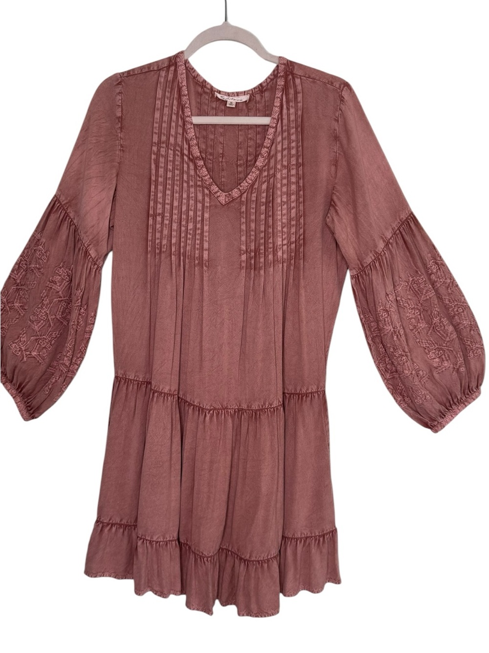 SOLITAIRE Boho Embroidered Pintuck Tiered Dress Mauve Size Small